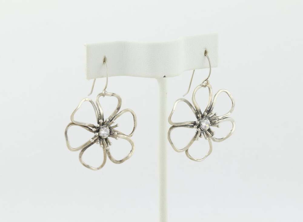 Sterling Silver Cubic Zirconia Flower Earrings Dangle Drop Israel 1 3/4" X 1 1/8 - Picture 6 of 7